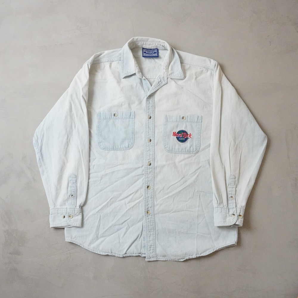 Vintage Hard Rock Cafe London Light Wash Denim Shirt Mens Medium Faded